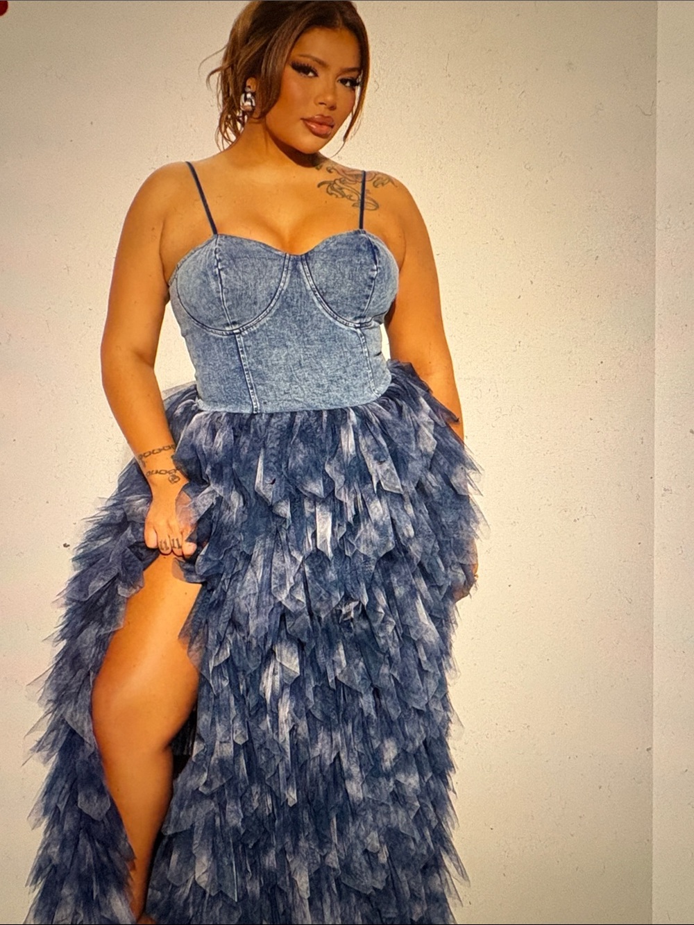 Fashion Nova Denim-Effect Feathered High-Low Maxi Dress in Navy
